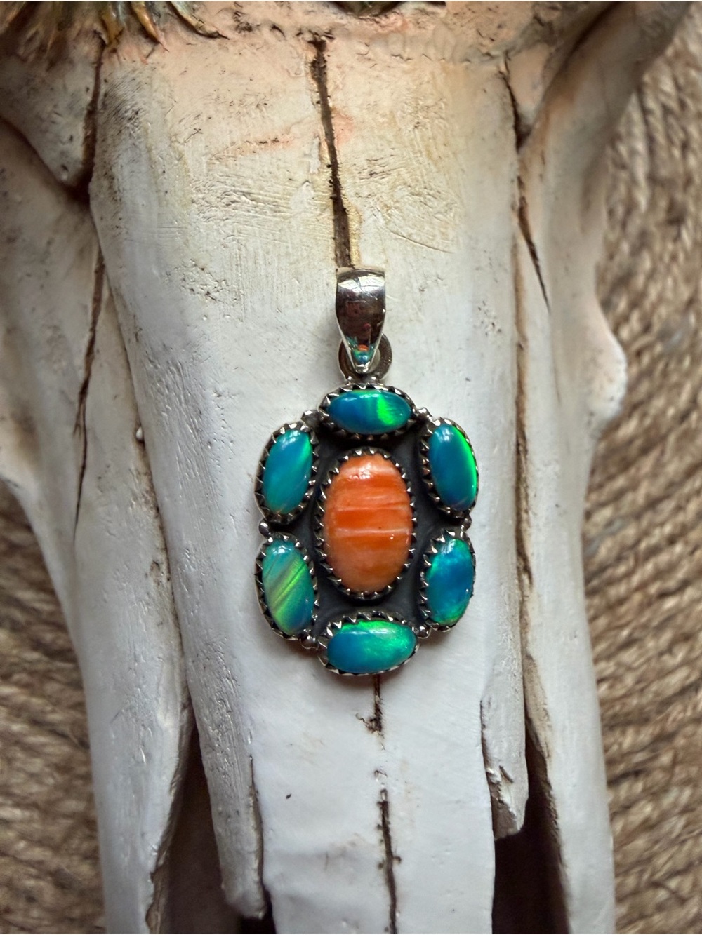 Sterling Silver Pendant with Orange Spiny Center and Green-Blue Opal Accents